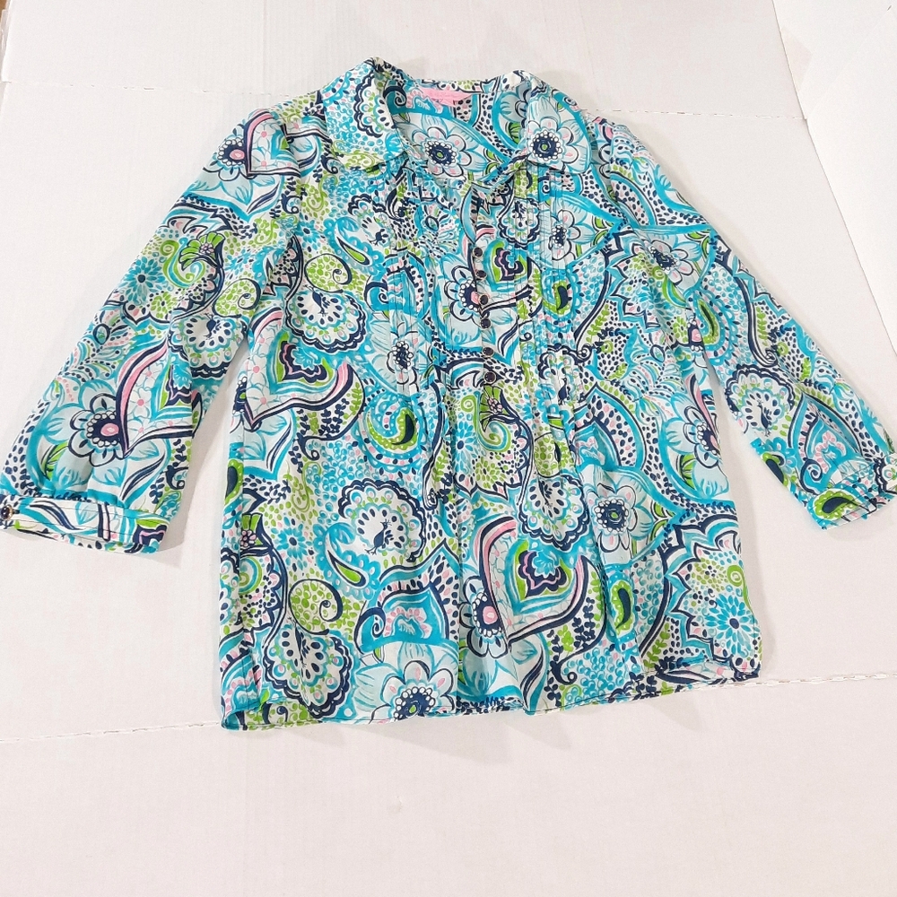 Lilly Pulitzer In the Conservatory Peacock Silk 3/4 Sleeve Blouse